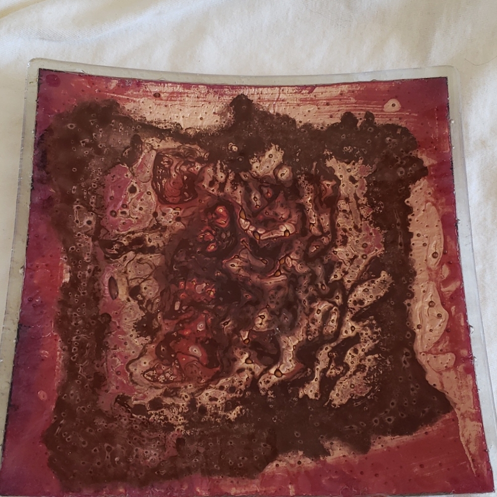 Vingage Signed Square Glass Decorative Plate Abstract Maroons & Browns